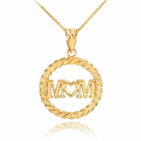 10K Real Solid Gold MOM Heart Pendant Necklace